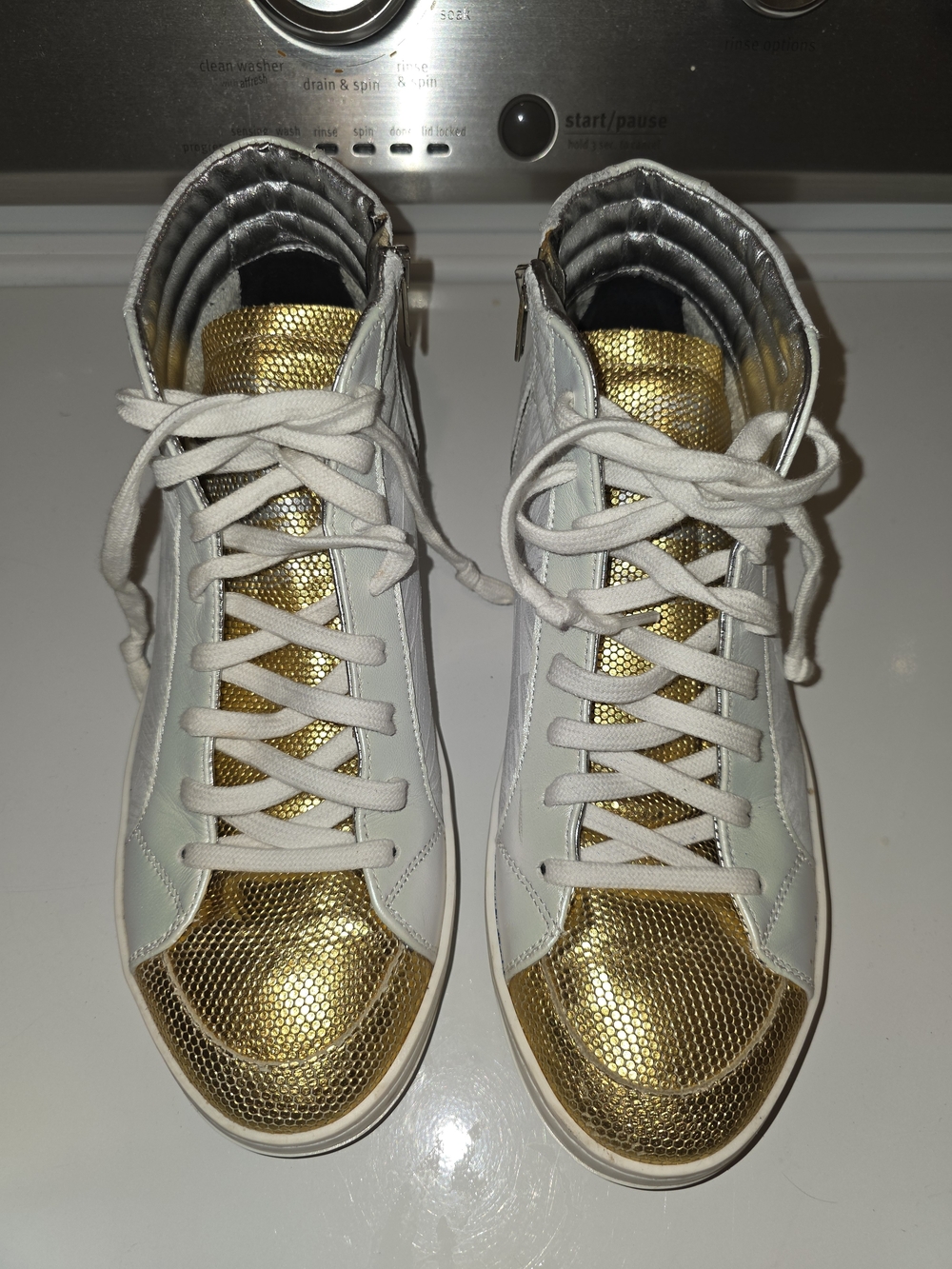 P448 White and Gold Palm High-Top Sneakers